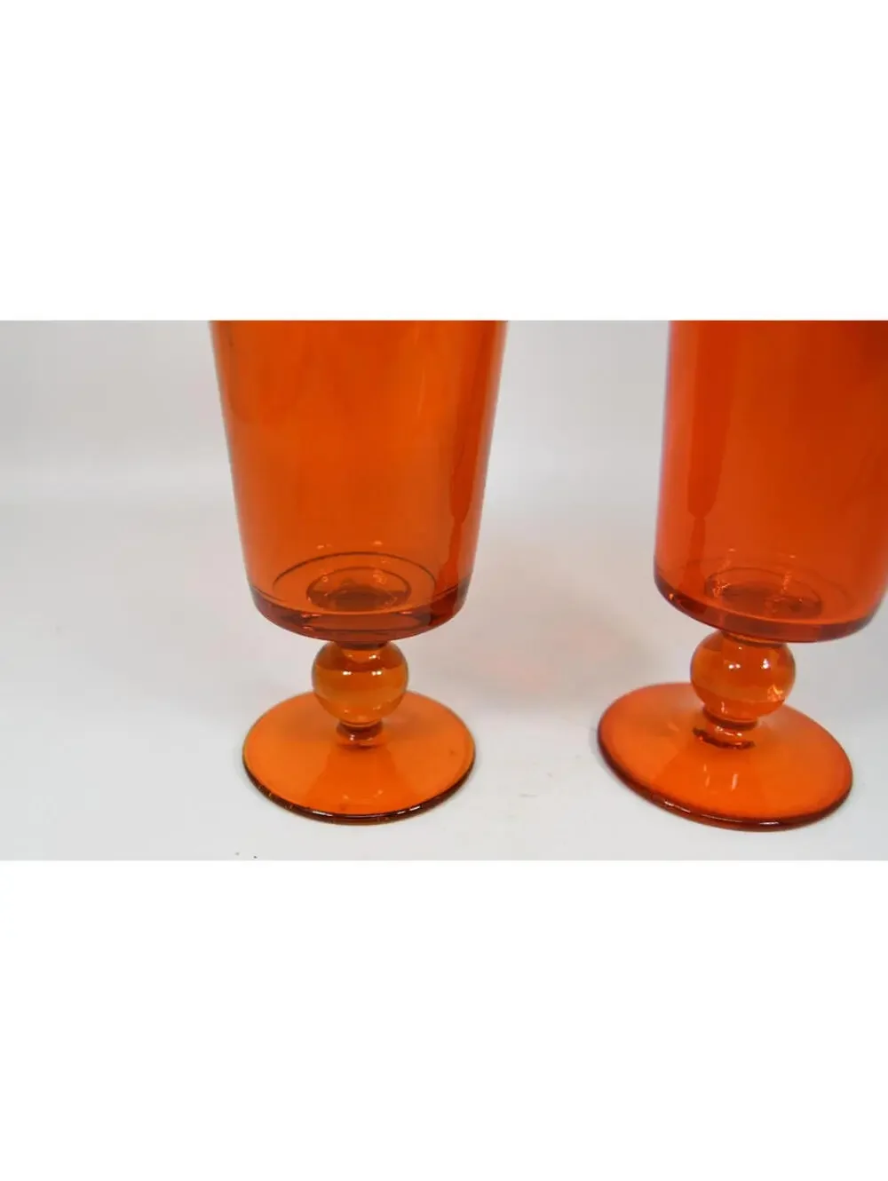 Mid Century Orange Glass Water Goblet Bubble Knob Stem 7